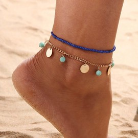 Xduargs Boho Layered Sequins Ankle Bracelet Vintage Turquoise Tassel Chain Bracelet Blue Rice Bead Foot Chain Adjustable Coins Turquoise Anklet Bracelet Jewelry for Women and Girls