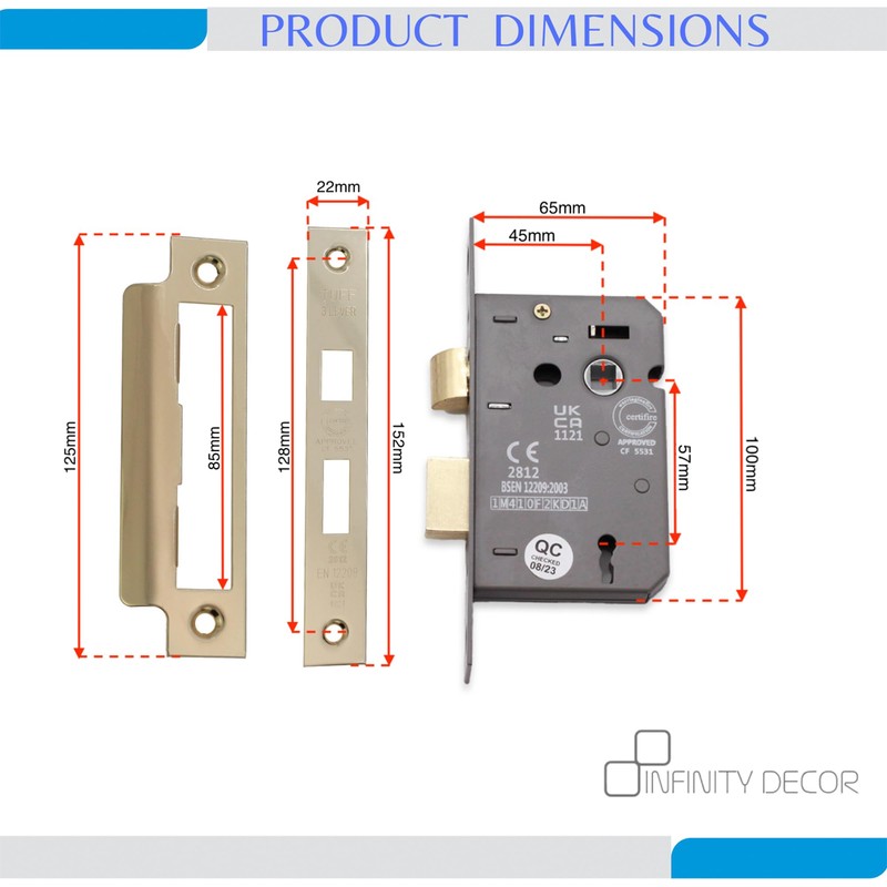 Infinity Decor Fire Rated Electro Brass 3 Lever Mortice Sash