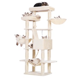 Heybly Cat Tree, 68 inch Multi-Level Cat Tower for Indoor Cats, 2 Widened Plush Perches Cat Condo with Scratching Board and Big Caves, Beige HCT025M