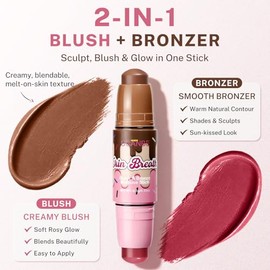 UCANBE Barra de rubor y bronceador, barra de maquillaje en crema multiuso 2 en 1, barra de contorno y rubor de doble extremo, fórmula de crema mezclab