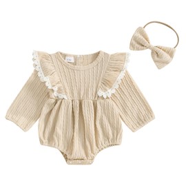 Douhoow Baby Girl Sweatshirt Romper Infant Baby Knit Romper Ruffle Festival Clothes Fall Winter Outfits with Headband (Beige, 12-18 Months)