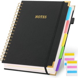 LABUK Leather Spiral 5 Subject Notebook with Removable Dividers Tabs, 300 Pages B5 Hardcover Spiral Notebook, 8"x10" Journal for Work School Note Taking, College Ruled Journal for Women, Black