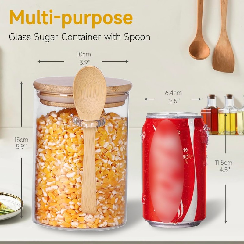 Airtight Glass Jars With Bamboo Lids And Spoons, 15oz Glass