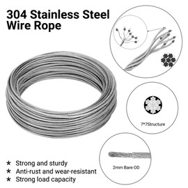 50 m Wire Rope Stainless Steel Set, 2 mm Steel Cable with Wire Rope Thimbles, Aluminium Crimping Loops, Wire Rope Clips, Tension Wire PVC Coated for Climbing Plants, Fences, String Light Suspension