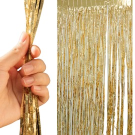 2Pcs Champagne Gold Tinsel Curtains, Tassel Door Hanging Gold Backdrop Curtain, Foil Curtain for Birthday Wedding Holiday Party, 2m