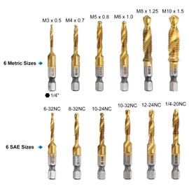 sourcing map 13pcs Combination Drill Tap Bit Set, SAE 6-32NC to 1/4-20NC Metric M3 to M10 Thread Taps with Quick Change Adapter, Titanium Coated Screw Threading Drilling Tapping Tool Kit