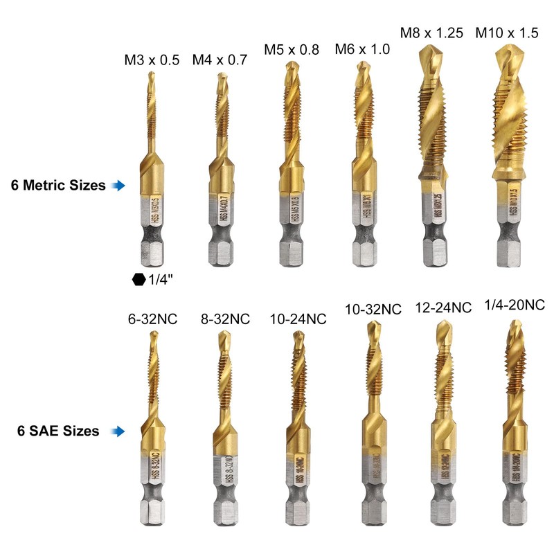 sourcing map 13pcs Combination Drill Tap Bit Set, SAE 6-32NC