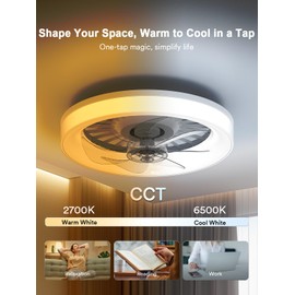 ANGELHALO Modern Ceiling Fans with Lights and Remote, 16'' Low Profile Ceiling Fan, 2700K-6500K Dimmable LED Fan Light with 6 Silent Wind Speeds, White Ceiling Fan Flush Mount for Bedroom