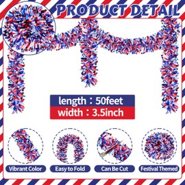 50FT 4th of July Patriotic Tinsel Garland, Glitter Tinsel Garlands with Star, Metallic Holiday Hanging Streamers for Memorial Day Independence Day Indoor Outdoor Party Decor (Red, Blue, White)