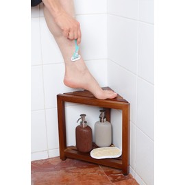 ChikiTeak Teak Corner Shower Stool – Waterproof 12” Teak Shower Bench with Shelf - Ideal Shower Stool for Inside Shower & Shaving Legs