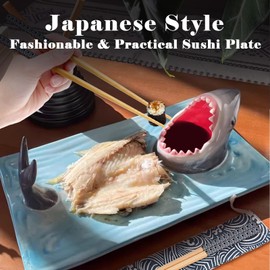 3 in 1 Sushi Shark Plate with Chopsticks, Upgraded Shark Ceramic Sushi Plate Food Serving Tray, Creative Shark Shaped Sushi Plate Set, Food Safe Materials Suit for Microwave/Oven/Freezer/Dishwasher