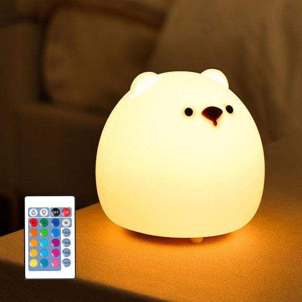 Night Light for Kids,16Colors+Remote 5 Level Dimmable Rechargeable, LED Tap Fun Lamp for Kids Room, Cute Silicone Nursery Night Light for Baby, Animal Night Lights for Girls and Boys