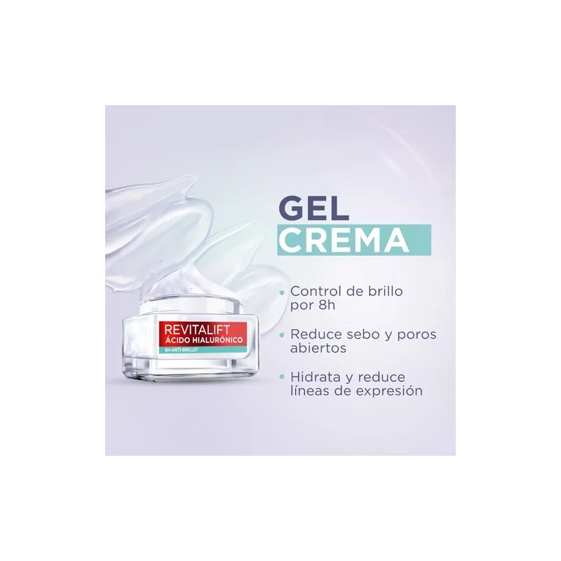 Gel Crema L'oréal Paris Ácido Hialurónico Anti Brillo, 50g