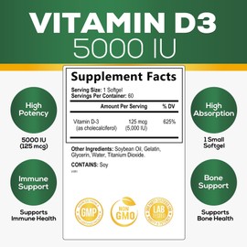 Nature's Vitamin D3 5000 IU (125 mcg) Extra Strength Vitamin D-3 Supplement for Bone, Teeth, Muscle and Immune Health Support, Dietary Supplement, Gluten Free, Non-GMO - 60 Softgels (2 Month Supply)