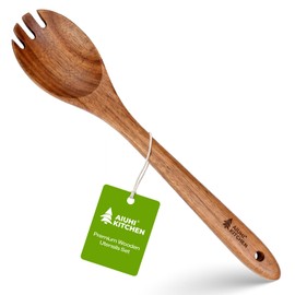 AIUHI Wooden Salad Spoon Fork, 2-in-1 Teak Wood Cooking Utensil, Long Handle Non-Stick Safe Pasta Server for Mixing Tossing Serving Salad Pasta and Fruits