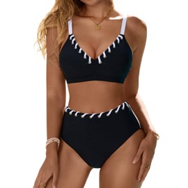 Blooming Jelly Women High Waisted Bikini Sets High Leg Cheeky Modest Swimsuits 2 Piece Sporty Swimwear (M, Black)