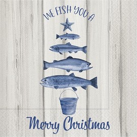 IHR Ideal Home Range Cocktail Napkins Disposable 3-Ply Paper Party Napkin Pack, 5" x 5", Fish Christmas Tree, 20-Count