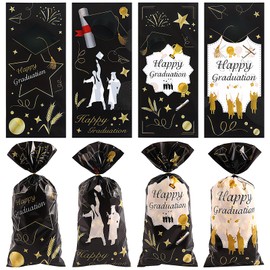 50PCS Graduation Cellophane Treat Bags Congrats Graduates Candy Plastic Goodie Candy Wrapping Gift Bags with 60 Gold Twist Ties Cookie Snack Packing for Grad Party Supplies