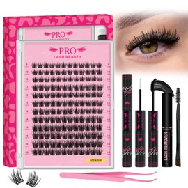 Lash Clusters Kit 3D Style Eyelash Clusters Kit with Lash Bond and Seal Eyelash Applictor Lash Remover for Beginner Waterproof Resuable Eyelash Extensions at Home (Attraction-3D,8-16mix)