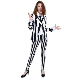 miccostumes Women's Black and White Vertical Stripes Jacket Suit Costume with Tie (L, Black & White)
