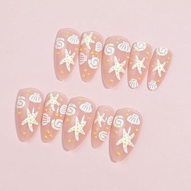 Summer Press on Nails Almond Beach Fake Nails for 3D White Sea Starfish False Nails Kit Reusable Medium Acrylic Nails Press ons Ocean Glue on Nail Stick on Nail Set for Women