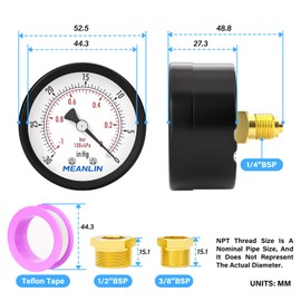 MEANLIN MEASURE -30inHg-0Psi/-1~0Bar Vacuum Pressure Gauge, 1/4" BSP 2" FACE, Back Mount, with 1/4" x 1/2" BSP and 1/4" x 3/8" BSP Hex Bushing