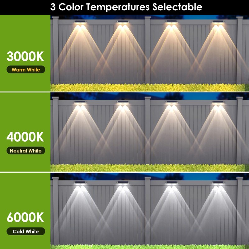 Solar Fence Lights Outdoor - 2700/4000/6000K 3 Modes, IP65 Waterproof
