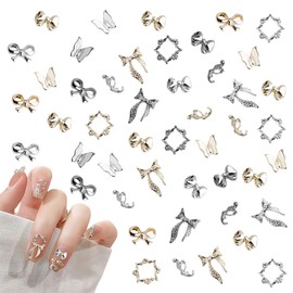 Gold Silver Nail Charms, Pack of 54 Bow Butterfly Flowers Nails Gemstones Metal Nail Jewellery 3D Alloy Nail Stones for DIY Women's Nail Design Accessories