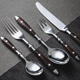 20 PCS Wood Silverware Set for 4, Imitation Wood Rivet Handle Cutlery Set 18/8 Stainless Steel Utensi Sets Flatware Mirror Polished Steak Tableware Spoon Fork Knife set Home Hotel Restaurant
