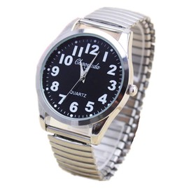 Vavna Classic Men’s Easy Reader Big Dial Number Sliver Stainless Steel Expansion Strap Bracelet Elastic Wristwatches (Dial 40 Black)