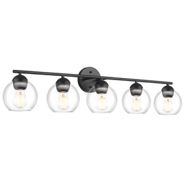 Emak 37 Inch Black Bathroom Light Fixtures Over Mirror, Modern 5-Light Vanity Lights with Clear Glass Shade, Farmhouse Globe Vanity Light for Bathroom, VL114-BK-CG-5