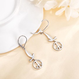 DAYLINLOVE Peace Sign Earrings 925 Sterling Silver Dove Dangle Earrings Pigeon Leverback Earrings Hippie Earrings Peace Sign Jewelry Gift For Women