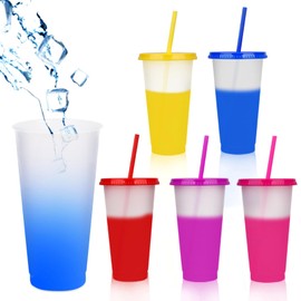 Pack of 5 Colour-Changing Cups with Straw and Lid, 720 ml Plastic Cups with Lid, Reusable Plastic Cups, Ideal for Children and Adults, Party Cups, Juice, Iced Coffee, Cold Drinks