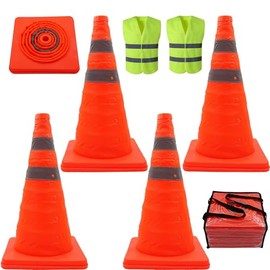 4PCS 18 Inch Orange Collapsible Traffic Safety Cones,Foldable Parking Cones with Reflective Strip Used for Construction Warning,Traffic Control, Driveway Parking,Driving Training