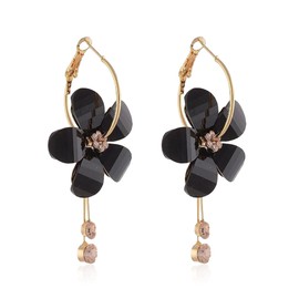 Acrylic Romantic Crystal Acrylic Rose Flower Earrings Exaggerated Sparkly Five Leaves Exaggerated Round Hoop long Tassel Earring for Women (Black)