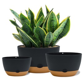 Koalaime 8/10/12 Inch Pots for Indoor Plants, Large Self Watering Planters with Drainage and Saucers, Plastic Outdoor Flower Pot, Set of 3, Grey
