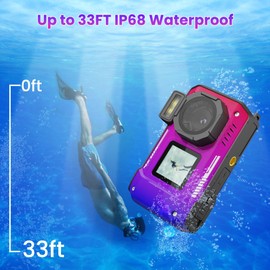 4K 33FT Digital Camera, 48MP Underwater Camera Waterproof Rugged Dustproof Shockproof for Snorkeling Diving, Selfie Dual-Screen Point and Shoot Digital Camera with 32G Card (Gradient Purple)