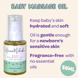 The Honest Midwife Baby Oil • 50ml • Massage Oil to Soothe, Moisturise & Heal • Suitable for Eczema + Cradle Cap • 100% Natural • Vegan • Cruelty-Free • Coconut Oil, Cocoa, Wheat Germ Oil + Vitamin E