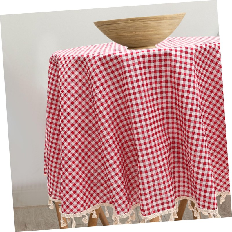 GRIRIW Decorative Checkered Round Tablecloth with Tassel Blend for Dining
