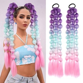 2 extensiones de cola de caballo de burbujas livianas de 22 pulgadas, extensiones de cabello con trenzas de colores con lazo para el cabello, accesorios para festivales y fiestas para niñas