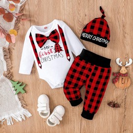 Aenbilo My 1st Christmas Oufit ChristmasOutfit 3 Months My First Christmas Infant Clothes Gentleman Romper Red Plaid Pants Hat New Year Clothes Set Red Plaid 0-3 Months
