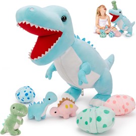 MorisMos Dinosaur Stuffed Animal with Babies,23.6'' Big Mommy Stuffed Dino T-rex with 3 Baby Dino Stuffed Toys & 3 Eggs Plush Inside Belly, Boy Girl Dinosaur Toys for Kid 3-5,Blue T-rex Toys Gift