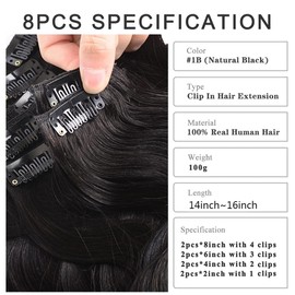 Unipearl Wavy Clip-In Real Hair Extensions, 40 cm / 16 Inches, 8 Pieces, 100 g, Natural Black Hair Extensions for Women, Body Wave Remy Hair Extensions, Clip-In