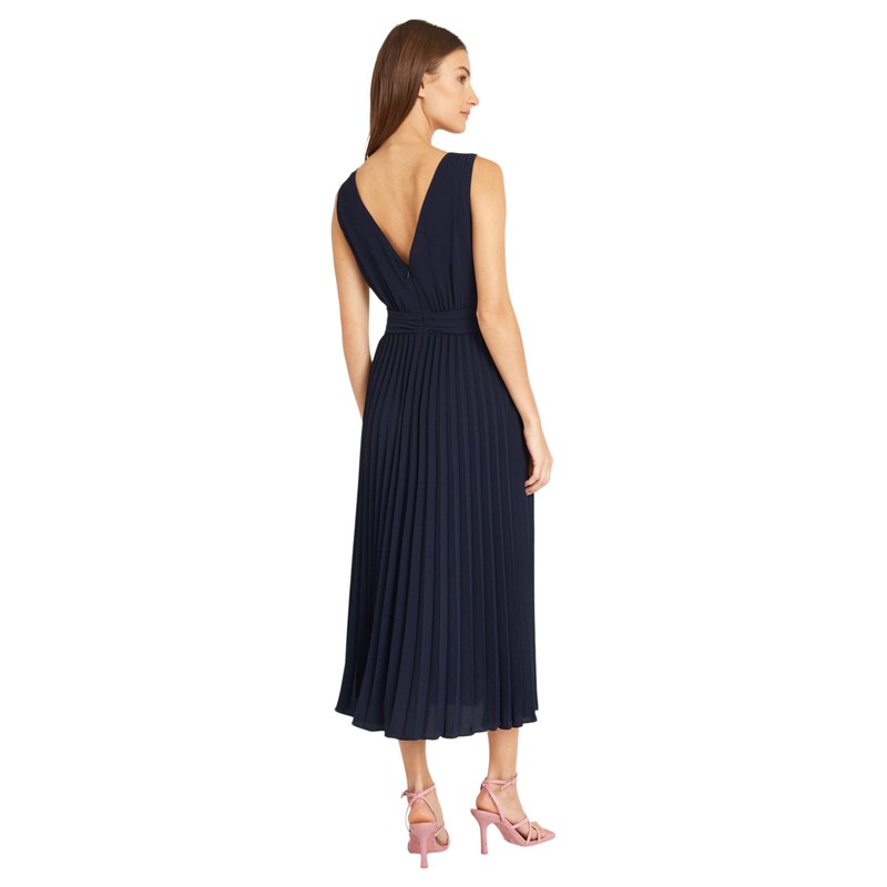 Donna Morgan Elegant V-Neck Sleeveless Pleated Midi Wedding Guest Dresses