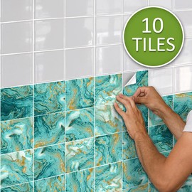 Vinilo calcomanía de transferencia de azulejos de pared con efecto de mármol, calcomanía autoadhesivo para decoración de baño Kithchen, 6 x 6 pulgadas, 10 unidades, color azul malaquita