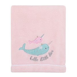 NoJo Under The Sea Whimsy Pink & Blue Narwhals Super Soft Appliqued Baby Blanket, Pink, Light Aqua