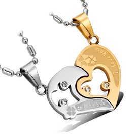 Cupimatch 2 Pcs Stainless Steel His & Hers I Love You Heart Puzzle Matching Pendant Couple Necklace with Chain (Gold)