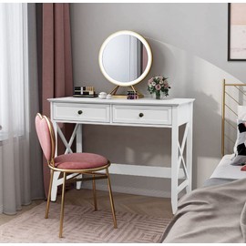 White Computer Desk with 2 Drawers, Modern Makeup Vanity Desk with Storage, Writing Desk for Home Office, 42'' Long Study Simple White Desk for Bedroom Console Table Living Room