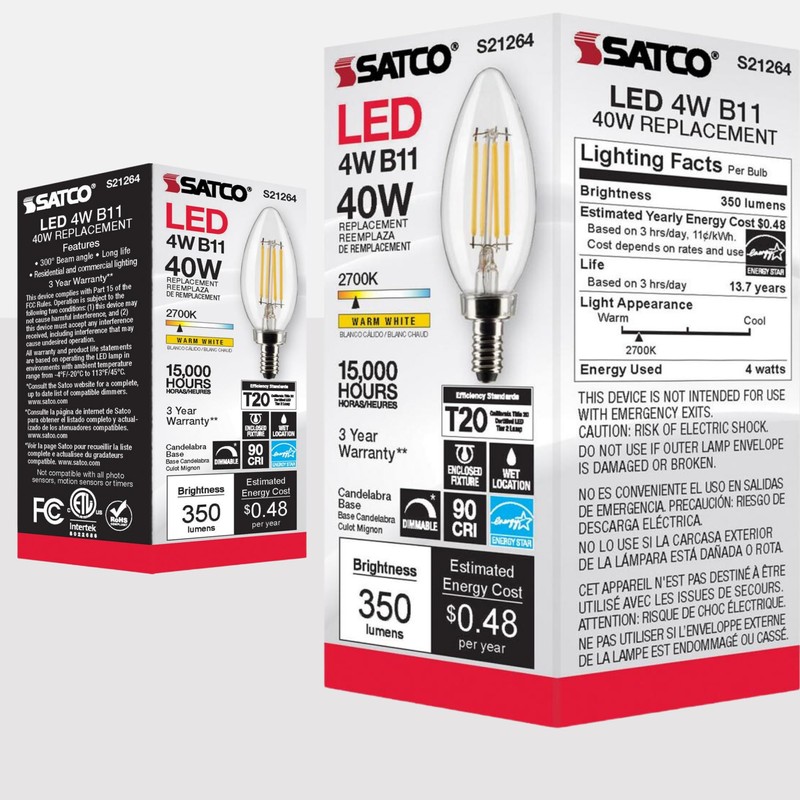Satco LED Lamp, S21264 4B11/LED/927/CL/120V/E12, 4 Watt B11 Lightbulb, Clear;