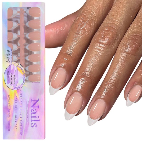 150Pcs White French Tip Press on Nails Medium Almond Fake